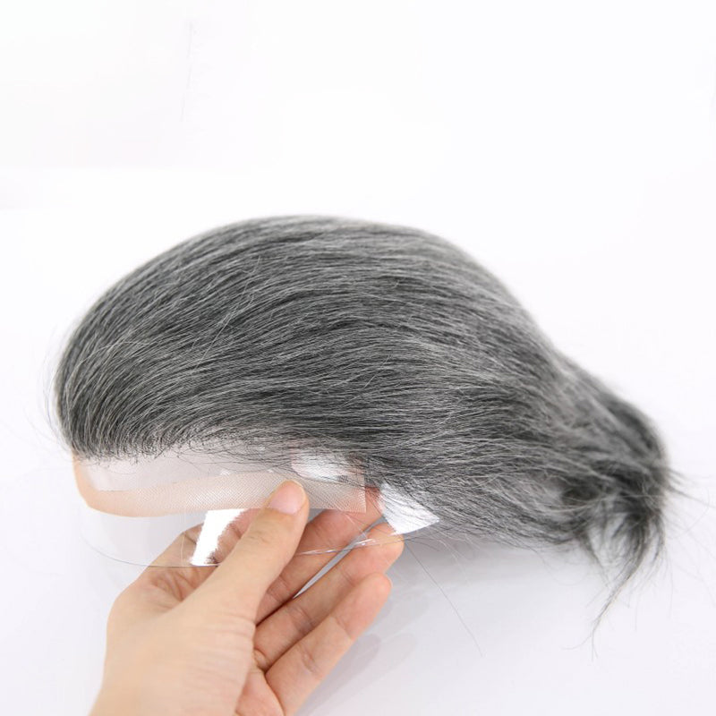 #1B40 Silver Grey Mens Replacement System Lace and PU Skin Base Wig Toupee