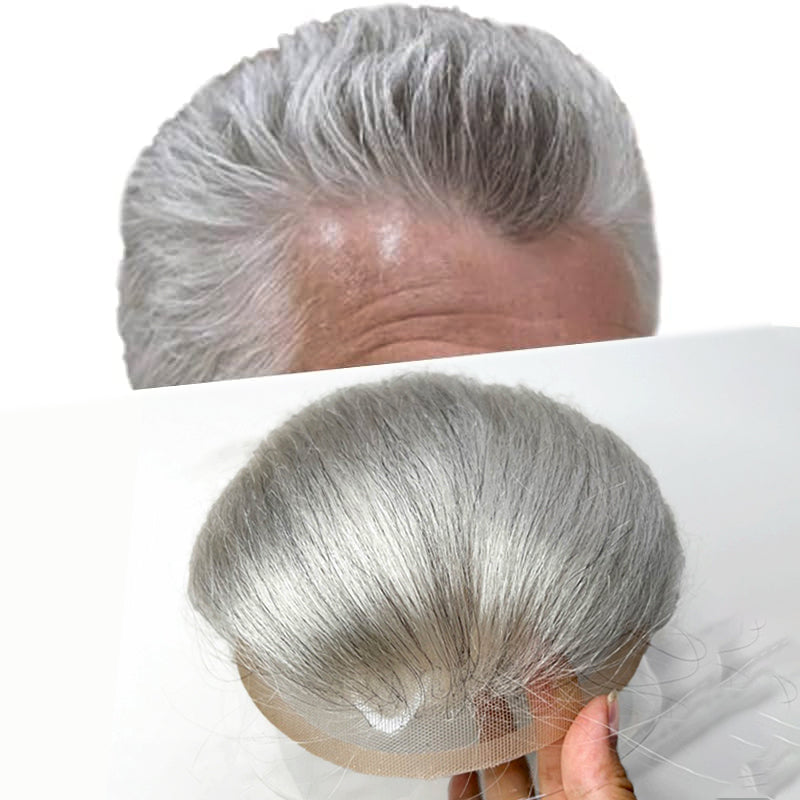 #1B40 Silver Grey Mens Replacement System Lace and PU Skin Base Wig Toupee