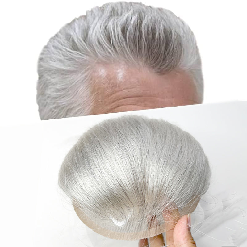 #1B40 Silver Grey Mens Replacement System Lace and PU Skin Base Wig Toupee