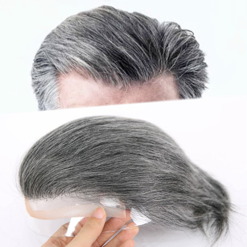 #1B40 Silver Grey Mens Replacement System Lace and PU Skin Base Wig Toupee