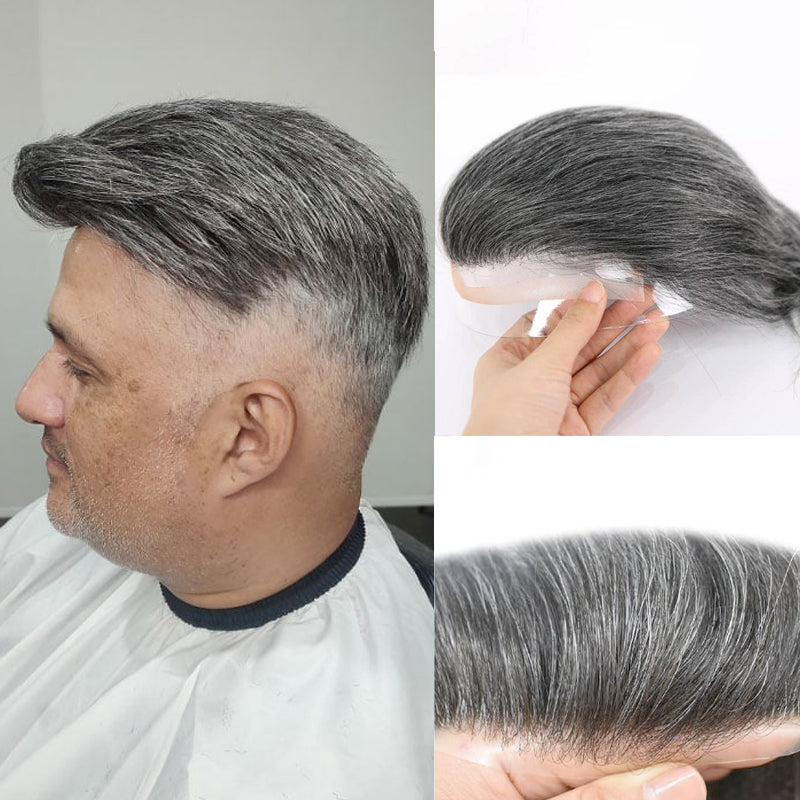 #1B40 Silver Grey Mens Replacement System Lace and PU Skin Base Wig Toupee