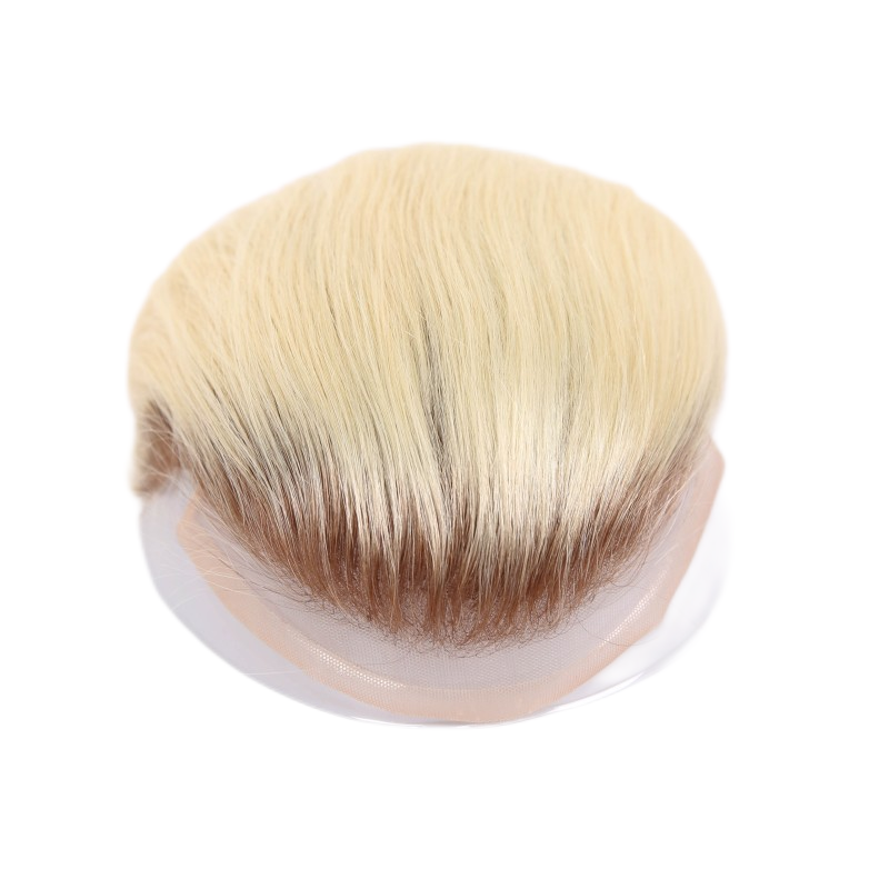 Ombre Blonde Human Hair Toupee Wig Mens Replacement System Mono with PU around Base Wig Toupee