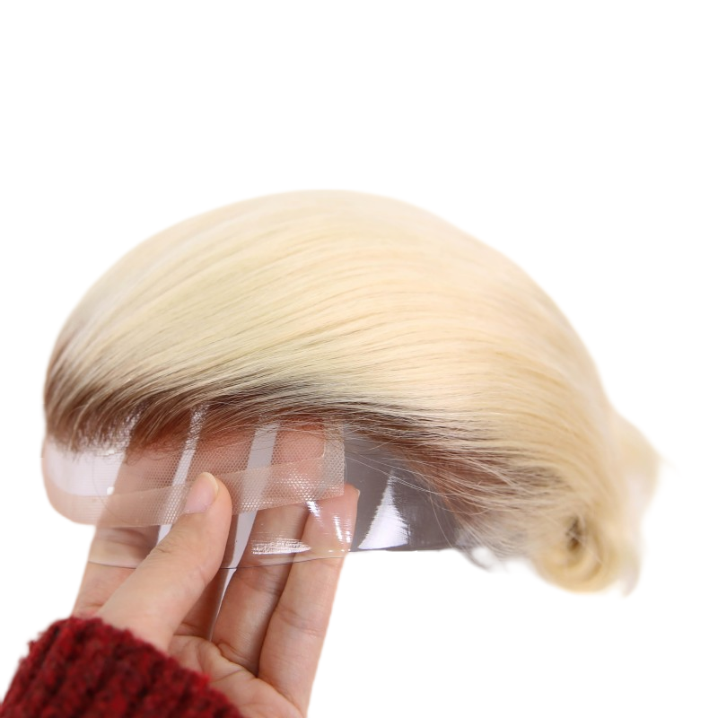 Ombre Blonde Human Hair Toupee Wig Mens Replacement System Mono with PU around Base Wig Toupee