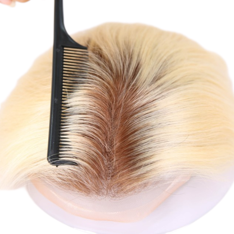 Ombre Blonde Human Hair Toupee Wig Mens Replacement System Mono with PU around Base Wig Toupee