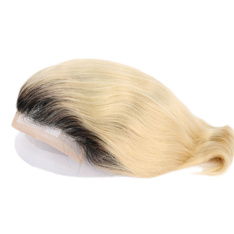 Ombre Blonde Human Hair Toupee Wig Mens Replacement System Mono with PU around Base Wig Toupee