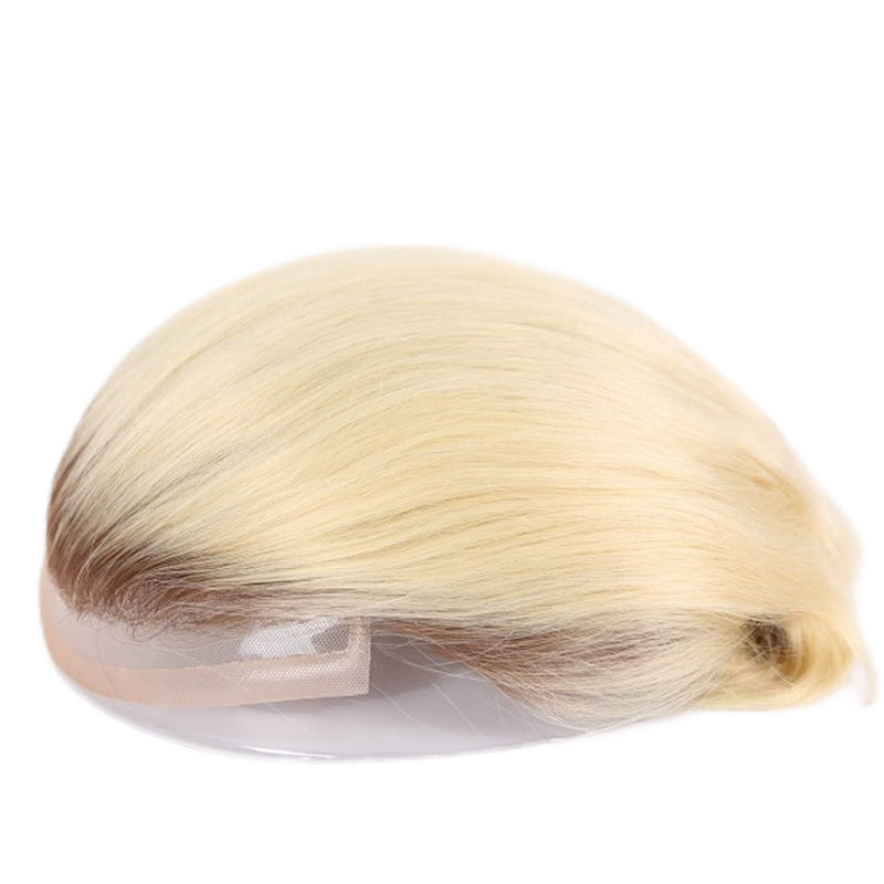 Ombre Blonde Human Hair Toupee Wig Mens Replacement System Mono with PU around Base Wig Toupee