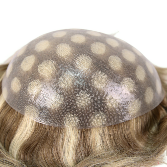 Brown Highlight Blonde Full Poly Skin Base Human Hair Toupee Hairpieces for Males #7/613