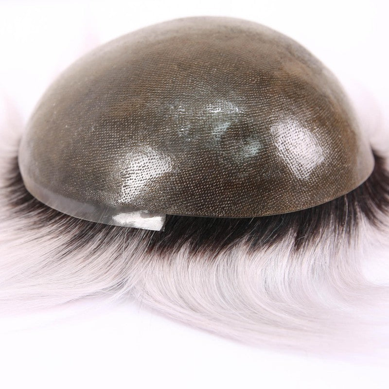 Rooted Silver Full Poly Skin Base Human Hair Toupee Hairpieces for Men