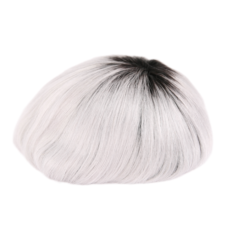 Rooted Silver Full Poly Skin Base Human Hair Toupee Hairpieces for Men