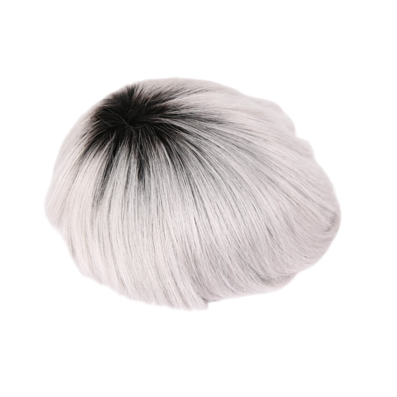 Rooted Silver Full Poly Skin Base Human Hair Toupee Hairpieces for Men