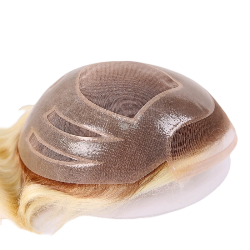 Ombre Blonde Human Hair Toupee Wig Mens Replacement System Mono with PU around Base Wig Toupee