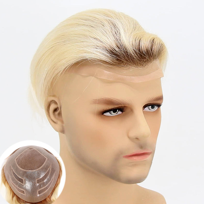 Ombre Blonde Human Hair Toupee Wig Mens Replacement System Mono with PU around Base Wig Toupee