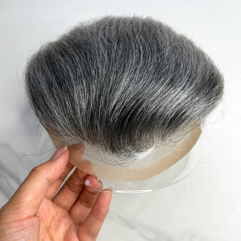 #1B40 Silver Grey Mens Replacement System Lace and PU Skin Base Wig Toupee