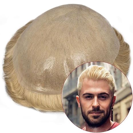 Full Poly Skin Base #613 Bleach Blonde Human Hair Toupee Hairpieces for Men