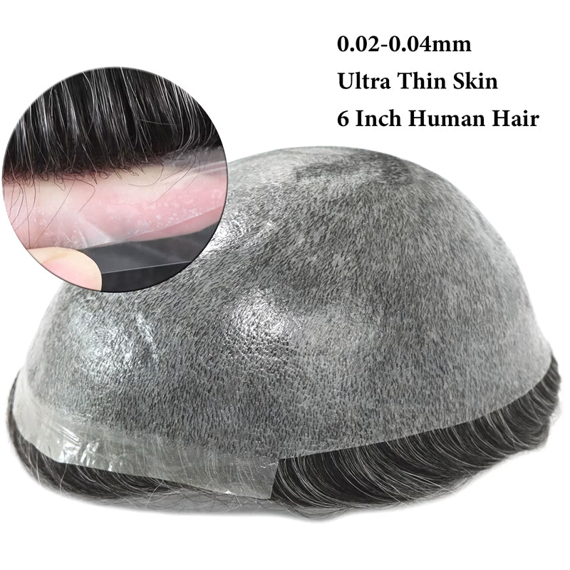 0.02-0.04mm Full PU Ultra Thin Skin Men Toupee Male Short Wave Human Hair Mens Wigs Replacement Systems